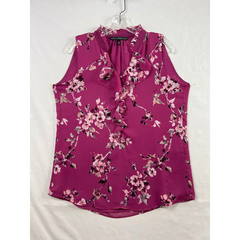 White House Black Market Blouse Women S Pink Floral Ruffle V-Neck Sleeveless Top